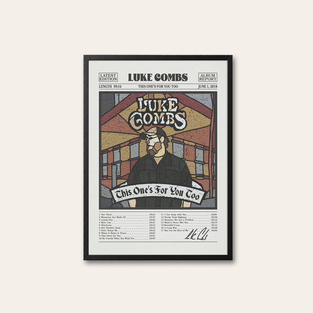 Luke Combs This One's for You Too newspaper poster, Color Tracklist — black frame