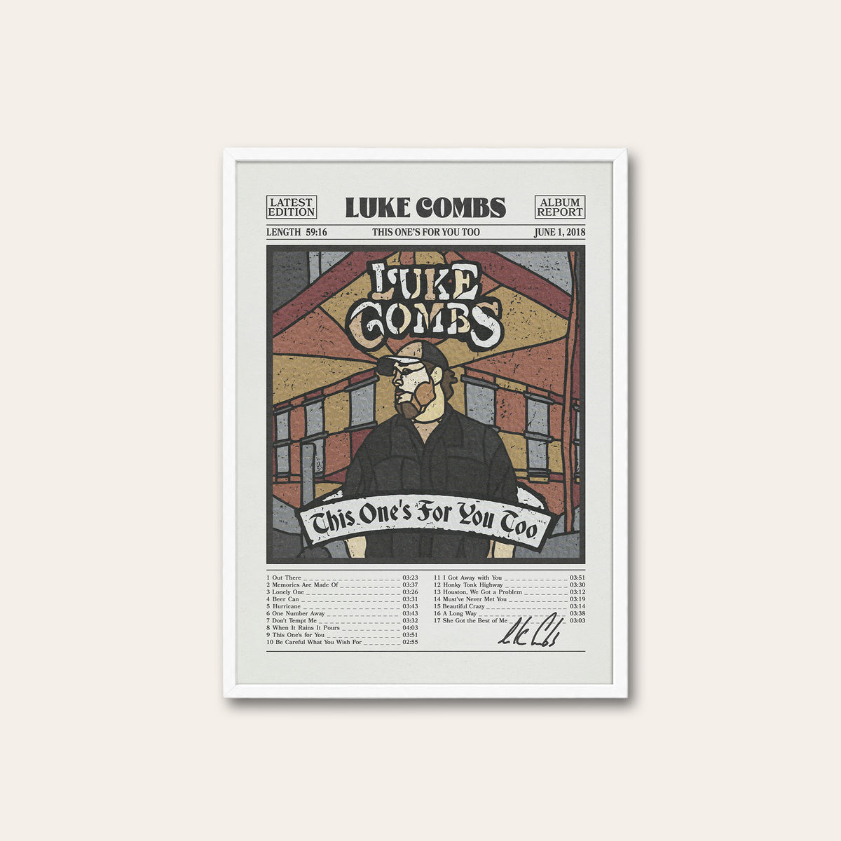Luke Combs This One's for You Too newspaper poster, Color Tracklist — white frame
