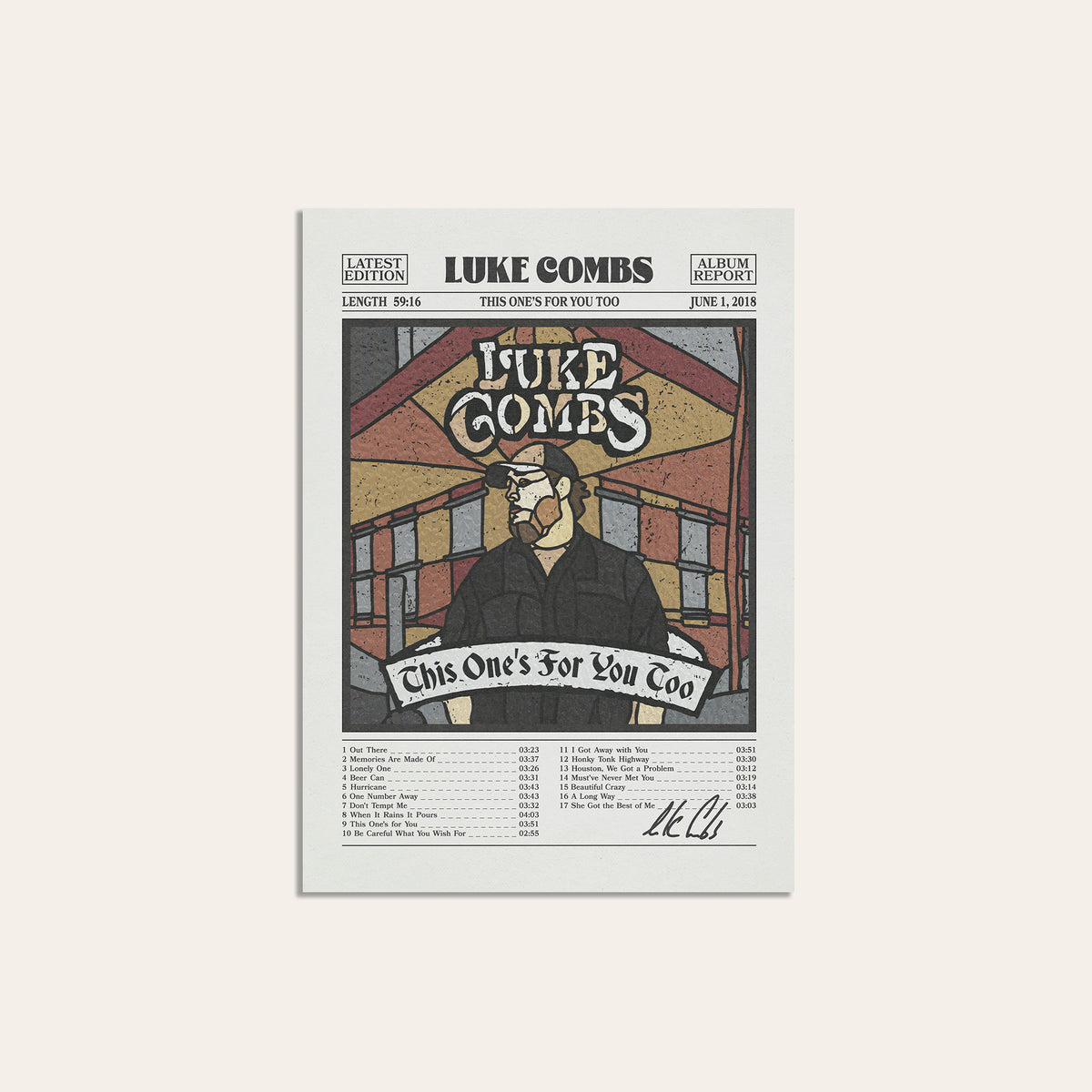 Luke Combs This One's for You Too newspaper poster, Color Tracklist — unframed print