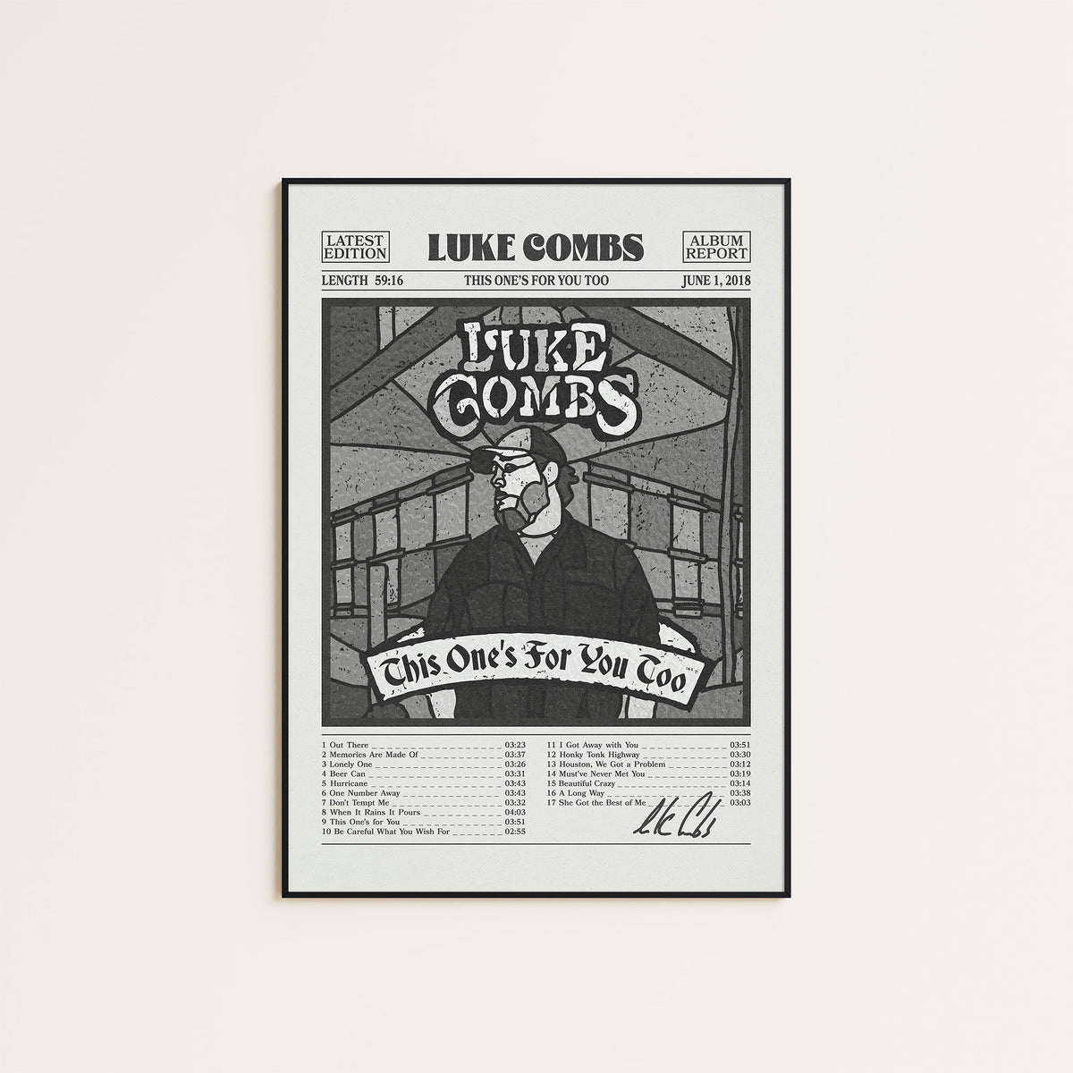 Luke Combs This One's for You Too newspaper poster, B&W Tracklist — black frame display