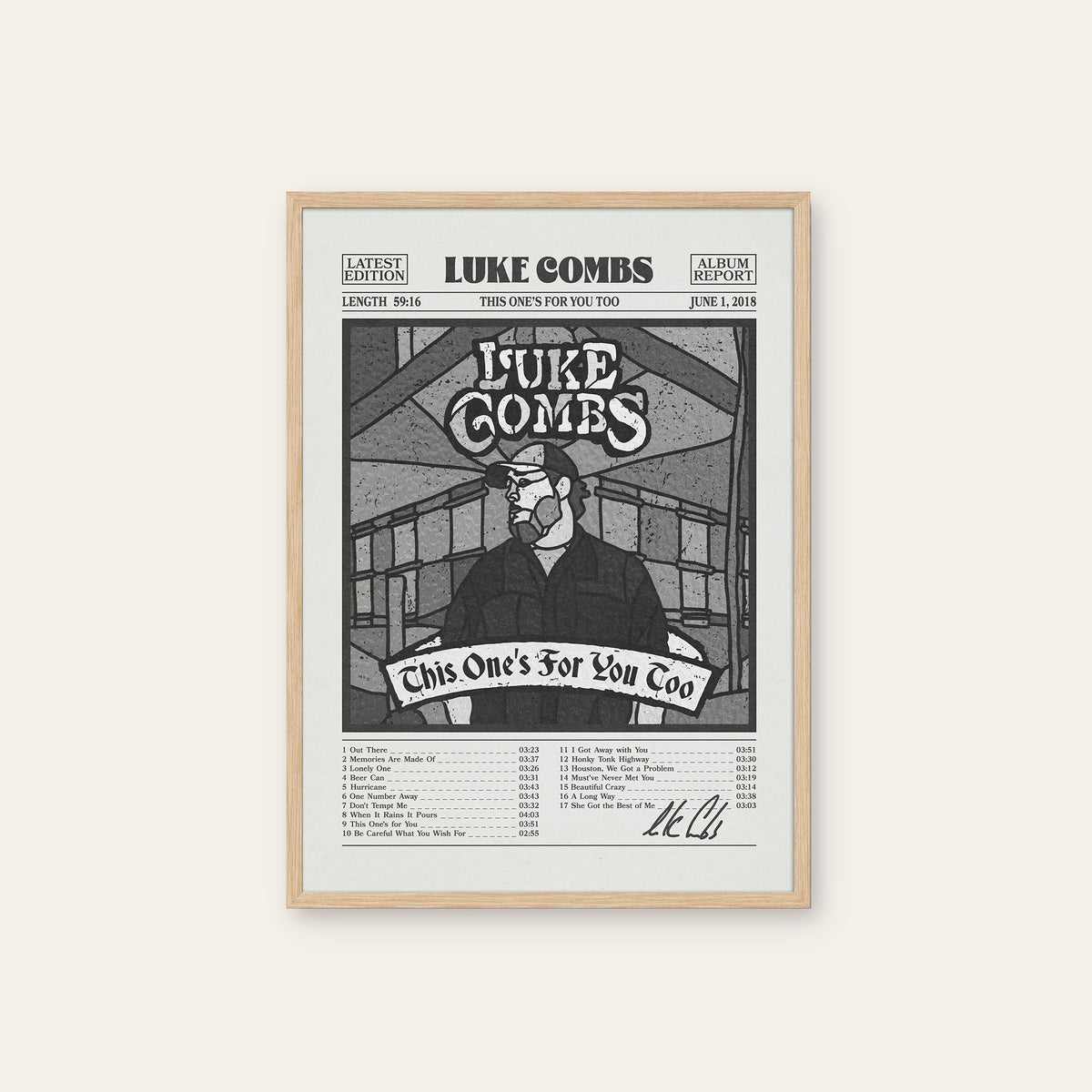 Luke Combs This One's for You Too newspaper poster, B&W Tracklist — natural wood frame