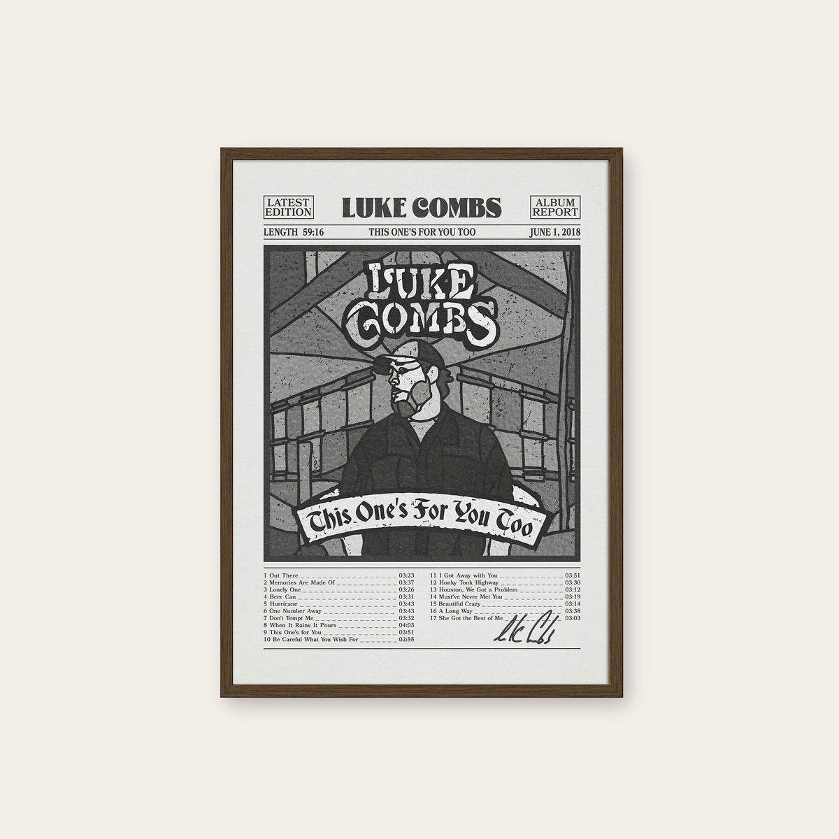 Luke Combs This One's for You Too newspaper poster, B&W Tracklist — dark wood frame