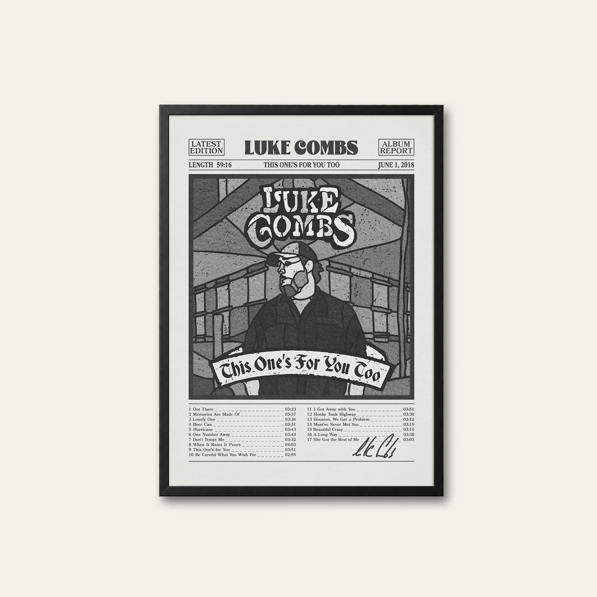 Luke Combs This One's for You Too newspaper poster, B&W Tracklist — black frame