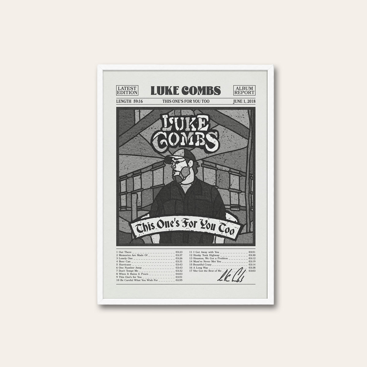 Luke Combs This One's for You Too newspaper poster, B&W Tracklist — white frame