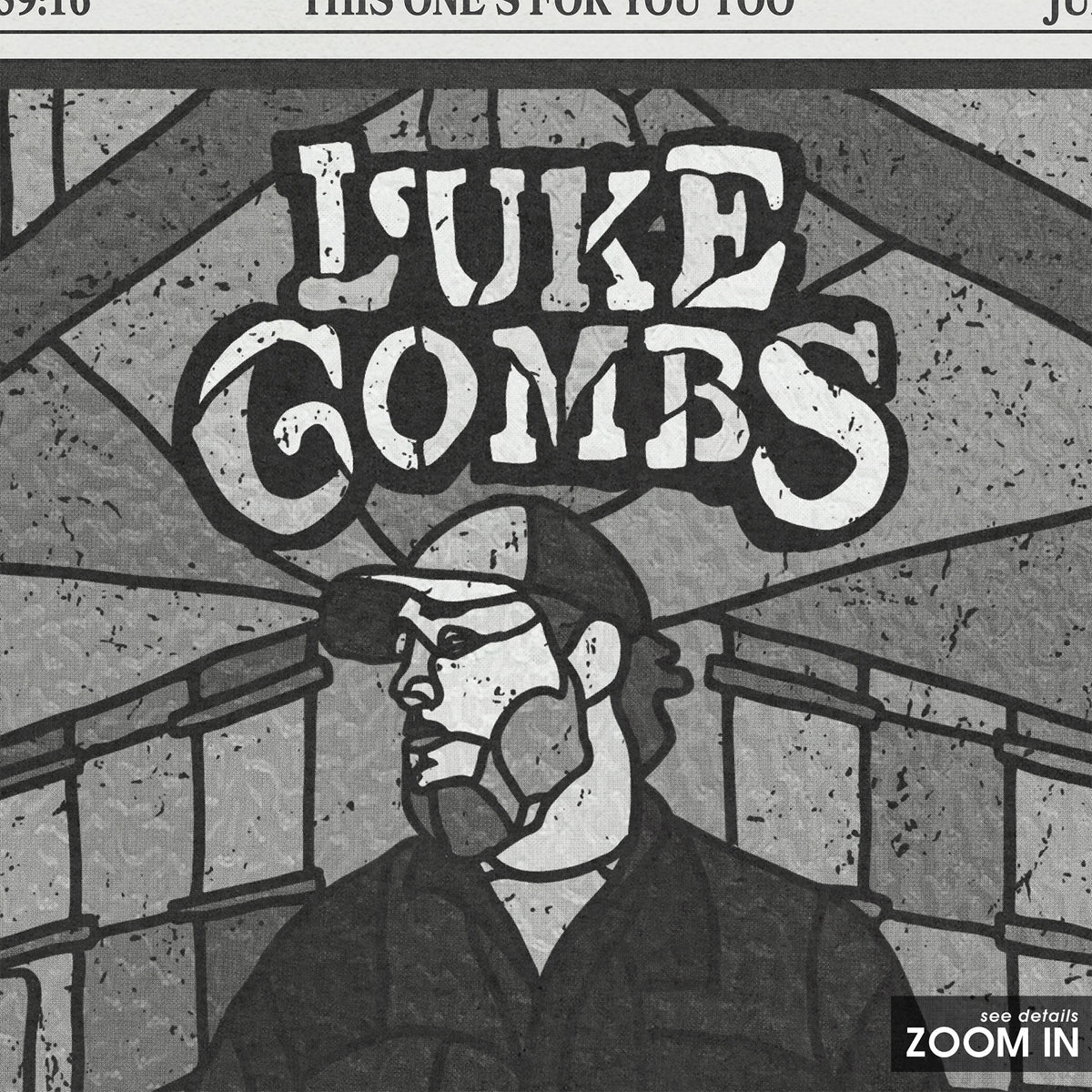 Luke Combs This One's for You Too newspaper poster, B&W Tracklist — close-up detail