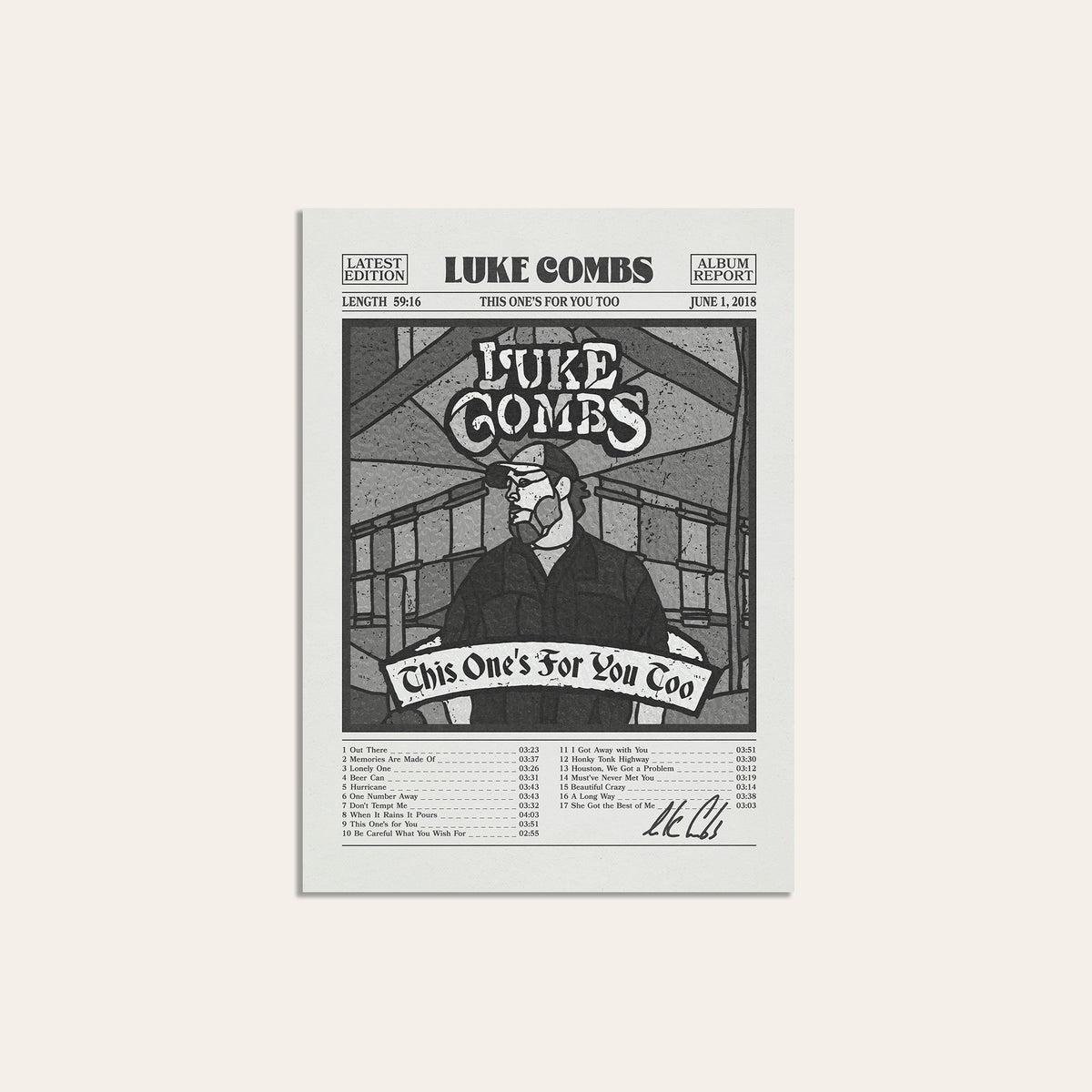 Luke Combs This One's for You Too newspaper poster, B&W Tracklist — unframed print