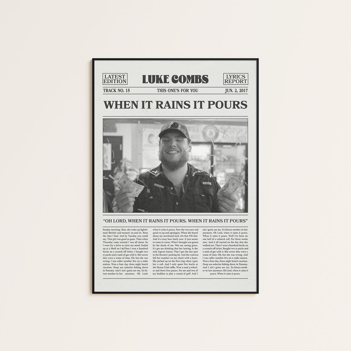 Luke Combs When It Rains It Pours newspaper poster — black frame display