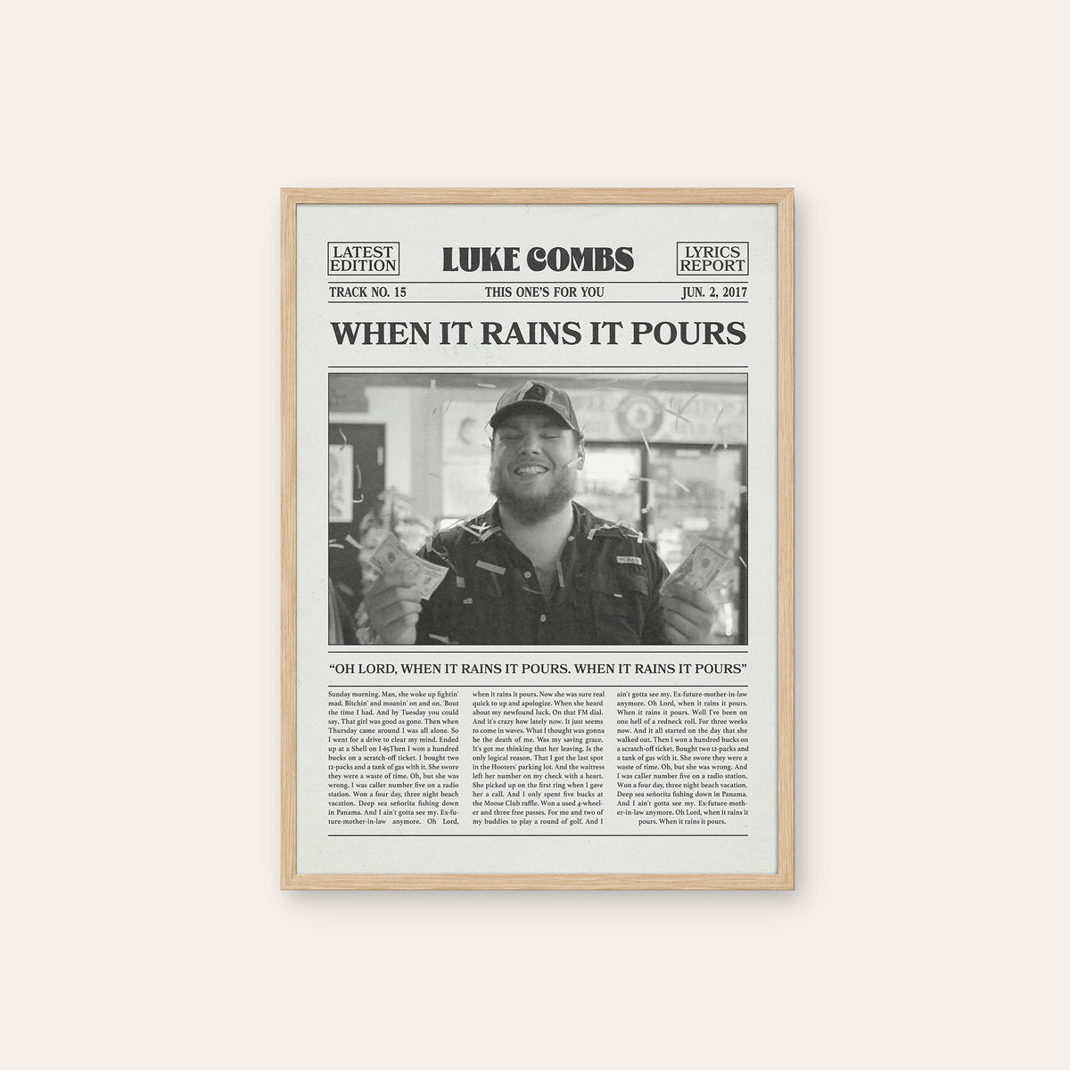 Luke Combs When It Rains It Pours newspaper poster — natural wood frame