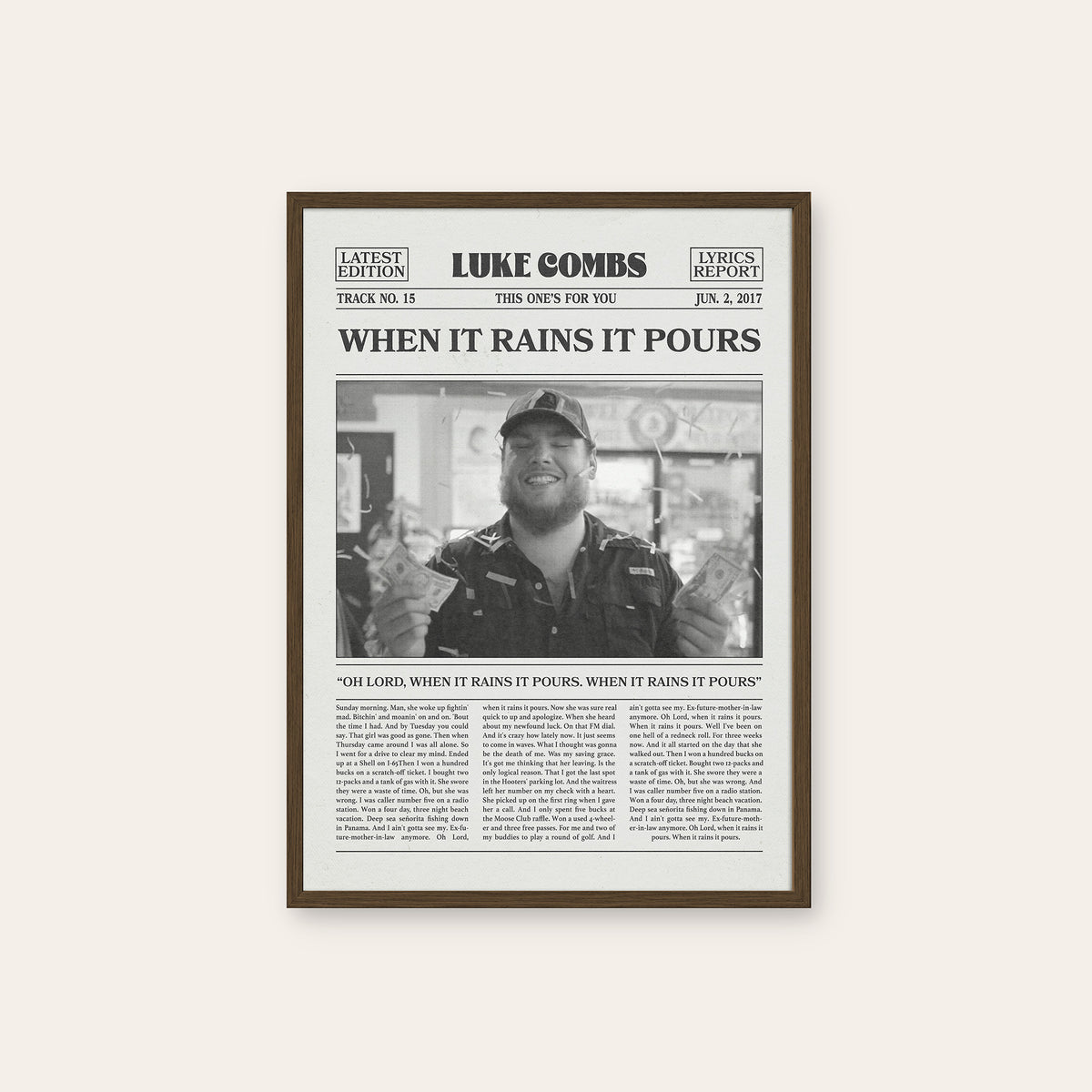 Luke Combs When It Rains It Pours newspaper poster — dark wood frame