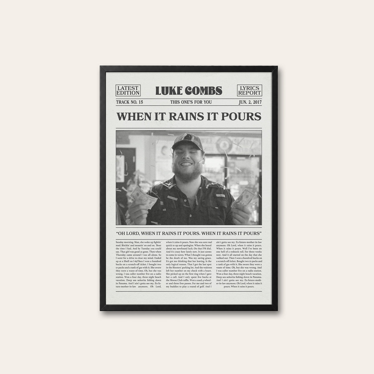 Luke Combs When It Rains It Pours newspaper poster — black frame