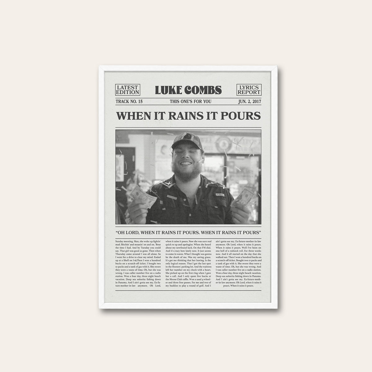 Luke Combs When It Rains It Pours newspaper poster — white frame