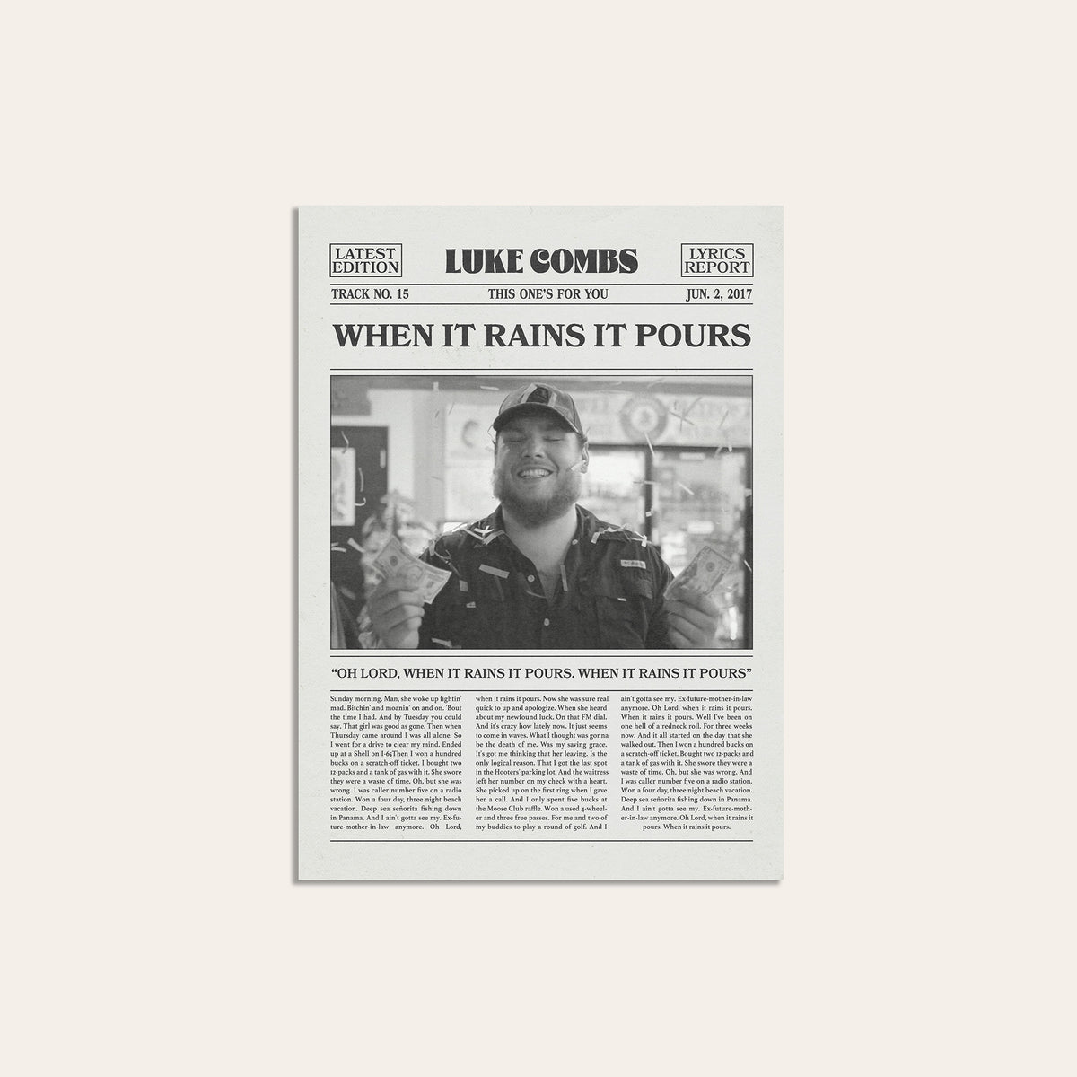 Luke Combs When It Rains It Pours newspaper poster — unframed print