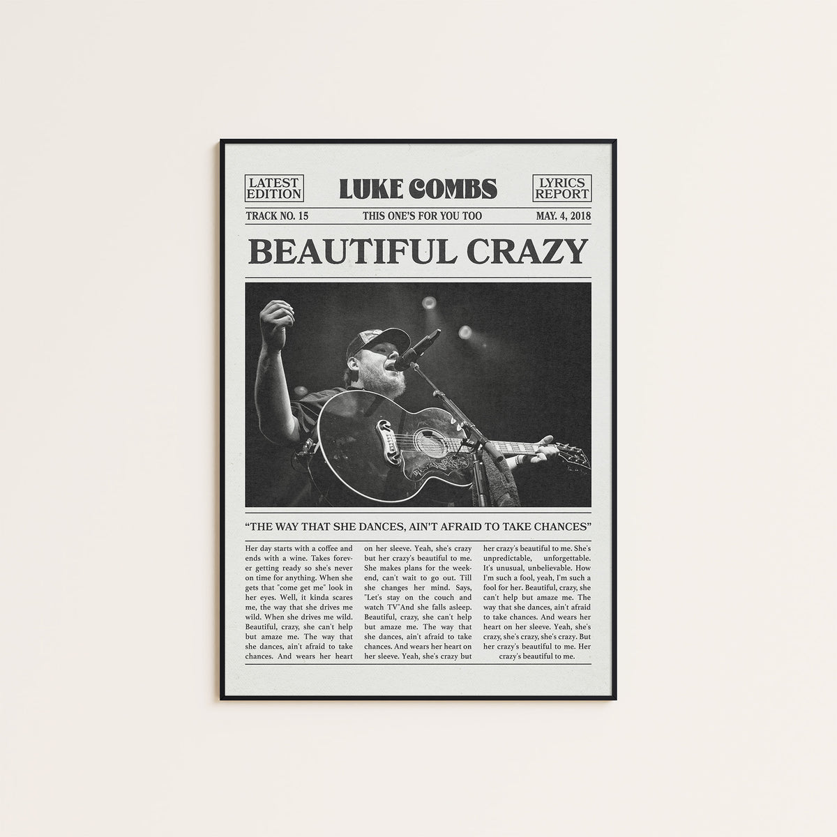 Luke Combs Beautiful Crazy newspaper poster — black frame display