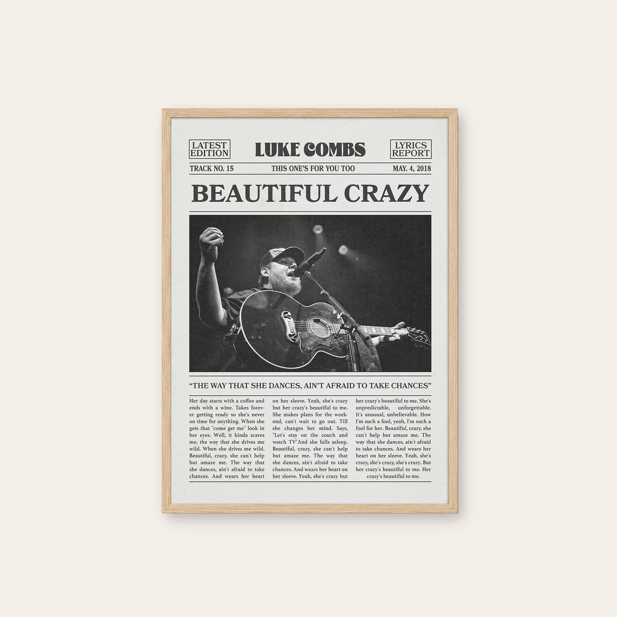 Luke Combs Beautiful Crazy newspaper poster — natural wood frame