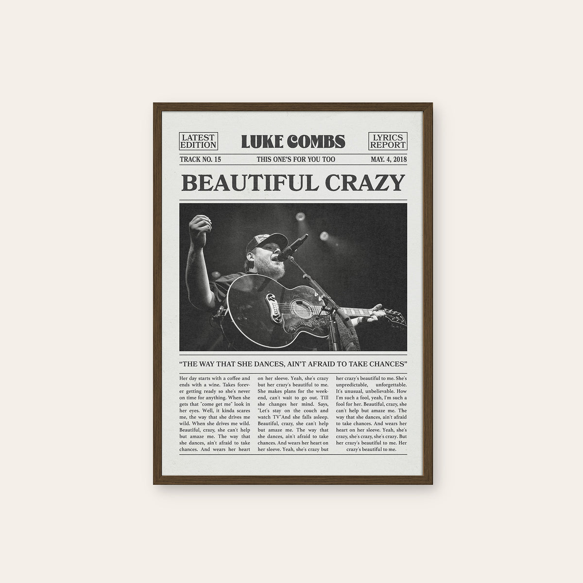 Luke Combs Beautiful Crazy newspaper poster — dark wood frame