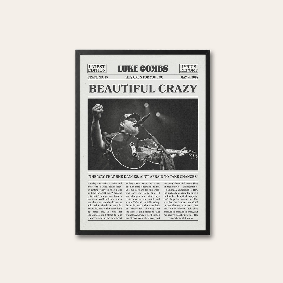 Luke Combs Beautiful Crazy newspaper poster — black frame