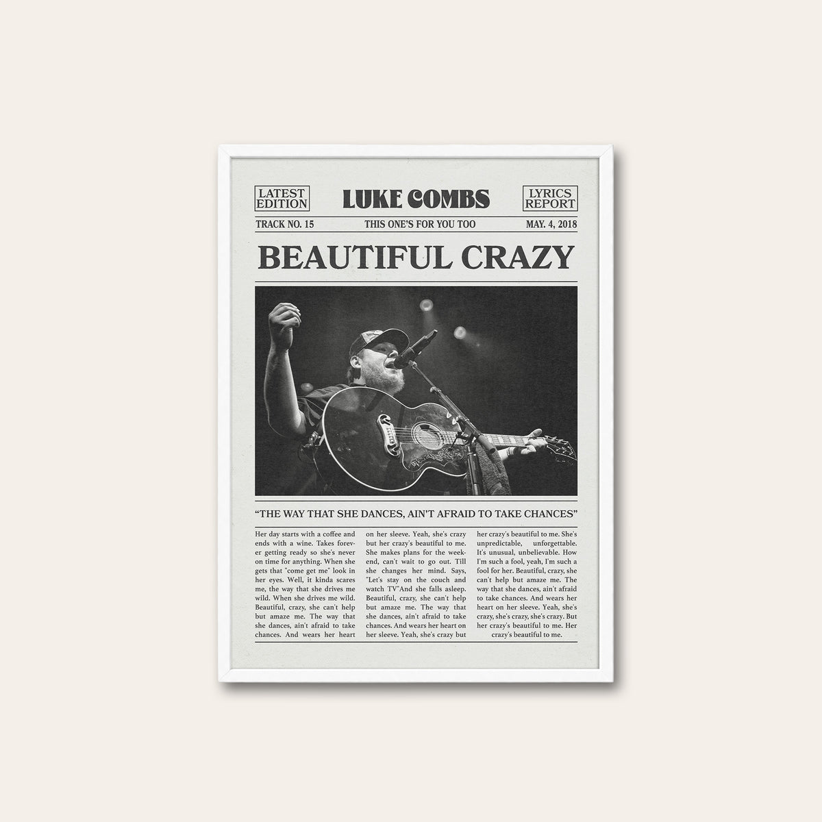 Luke Combs Beautiful Crazy newspaper poster — white frame