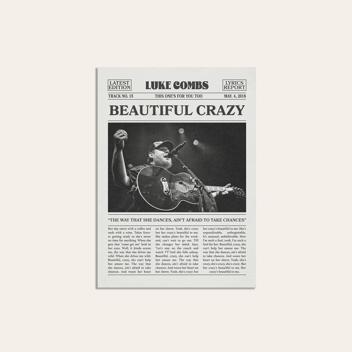 Luke Combs Beautiful Crazy newspaper poster — unframed print