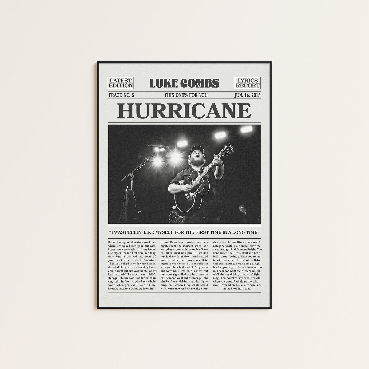 Luke Combs Hurricane newspaper poster — black frame display