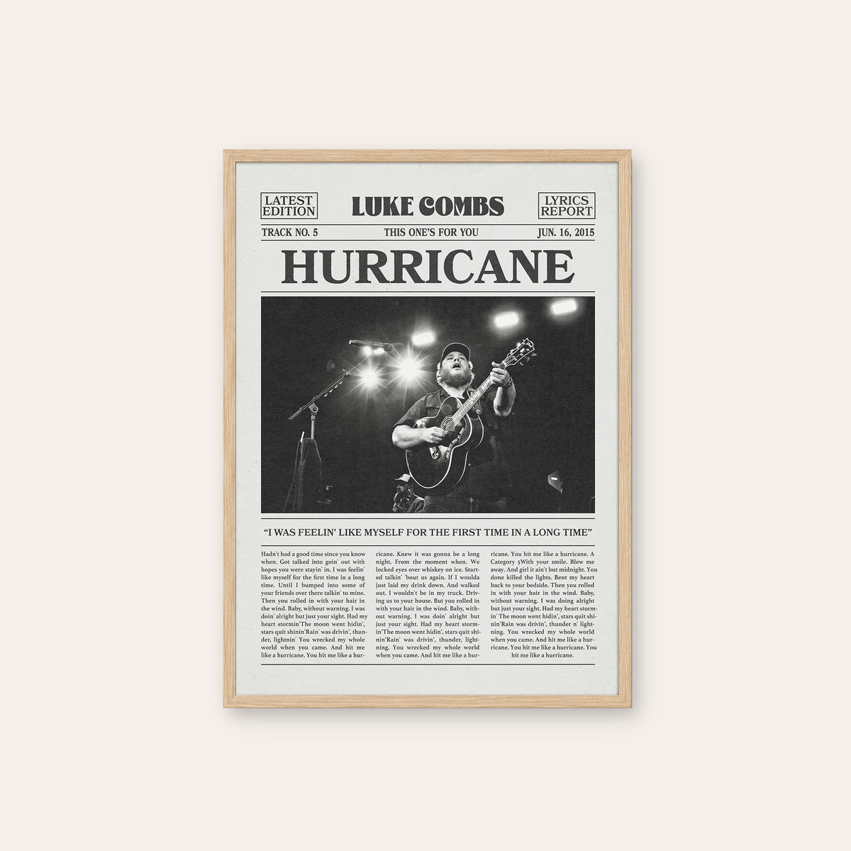 Luke Combs Hurricane newspaper poster — natural wood frame