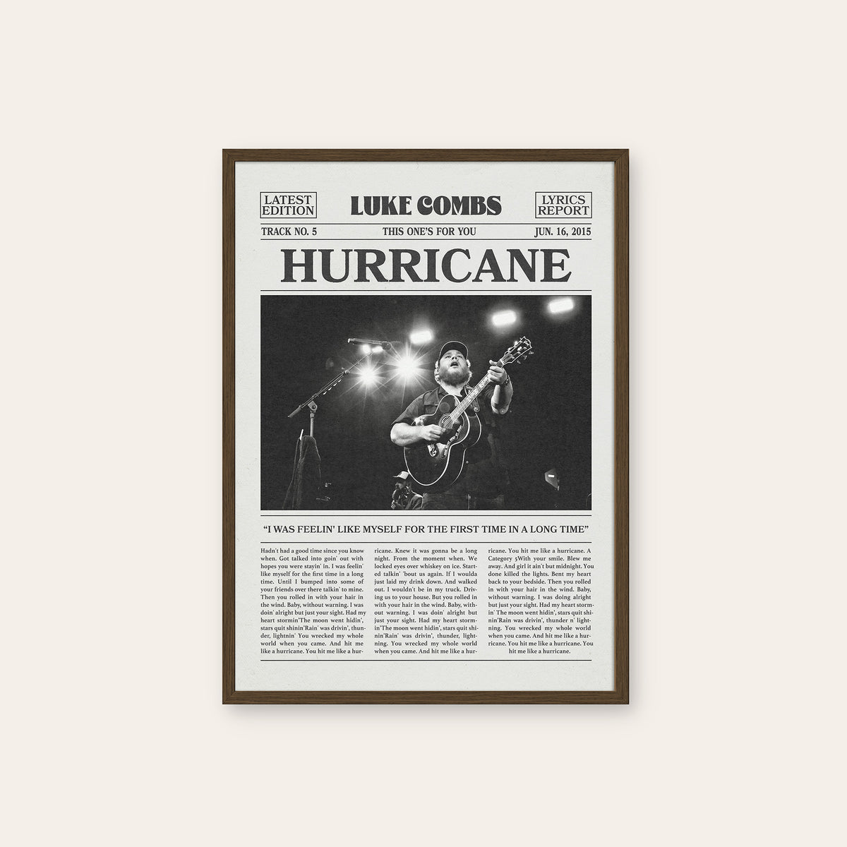 Luke Combs Hurricane newspaper poster — dark wood frame