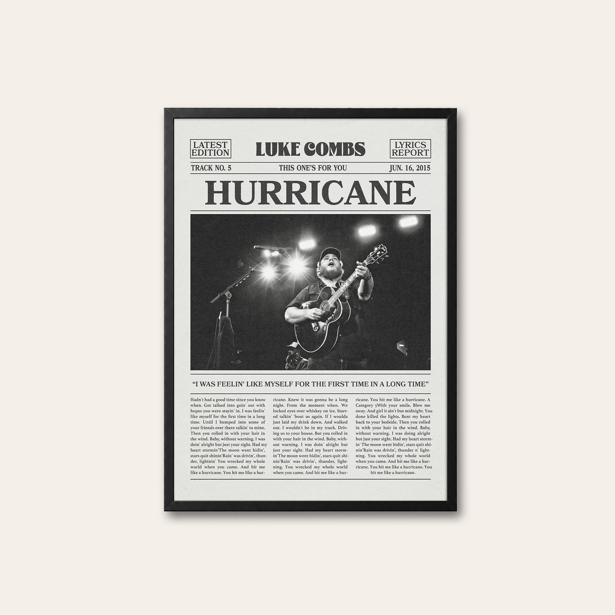 Luke Combs Hurricane newspaper poster — black frame