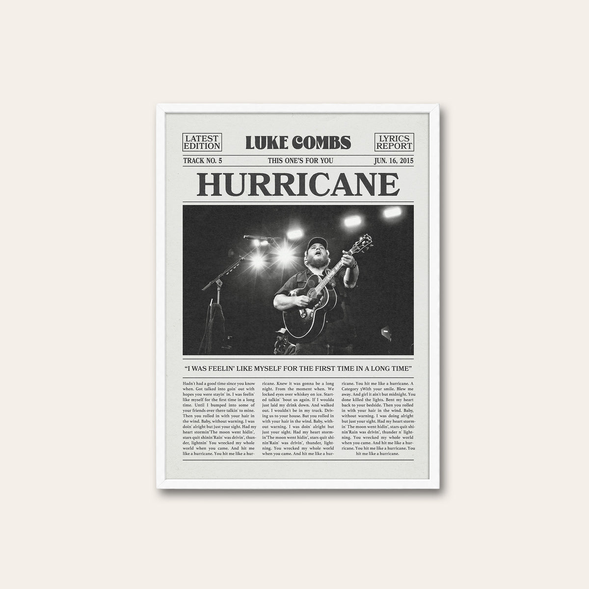 Luke Combs Hurricane newspaper poster — white frame