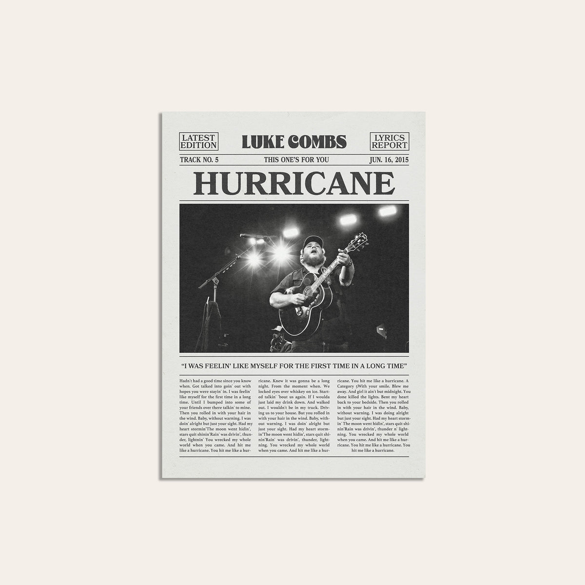 Luke Combs Hurricane newspaper poster — unframed print
