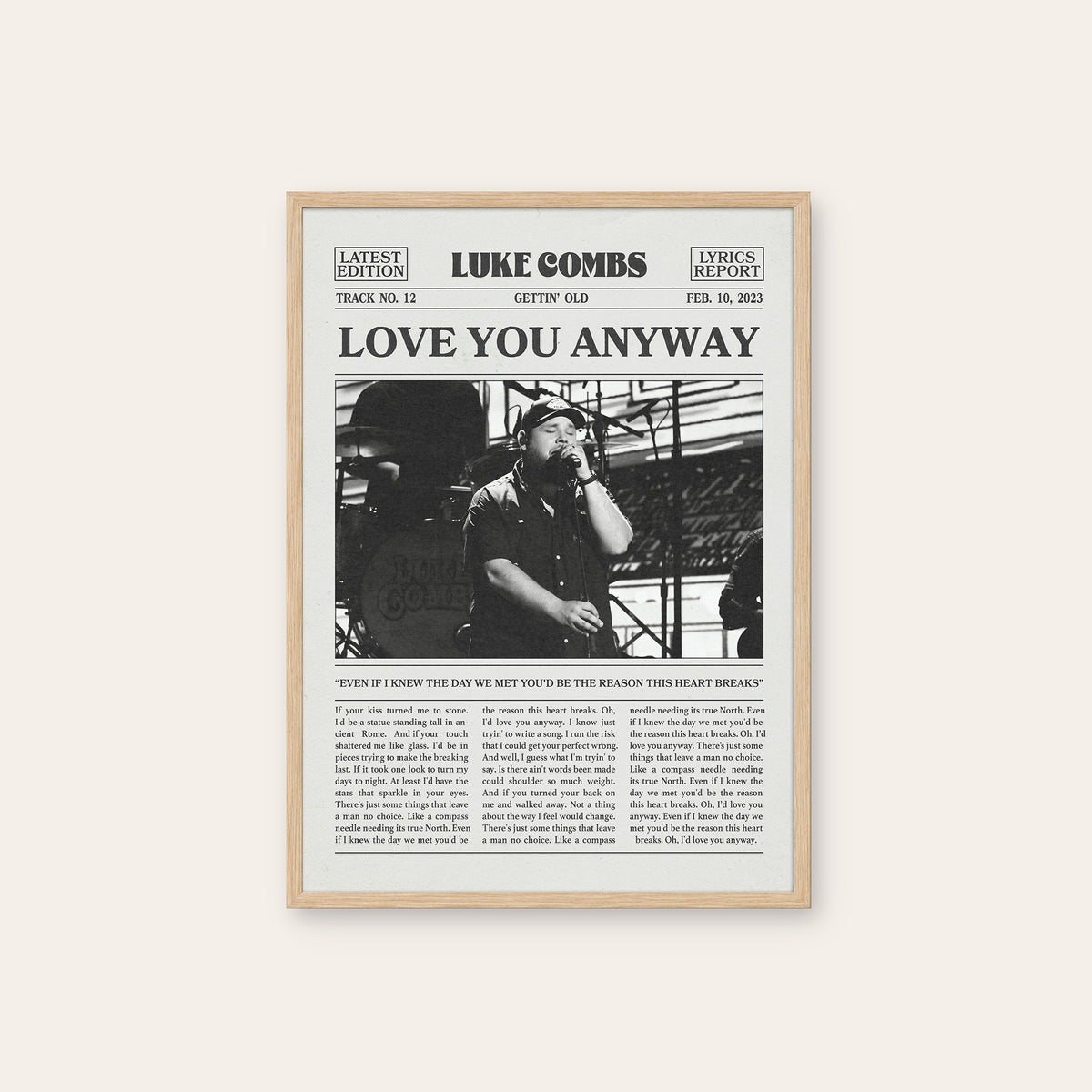 Luke Combs Love You Anyway newspaper poster — natural wood frame