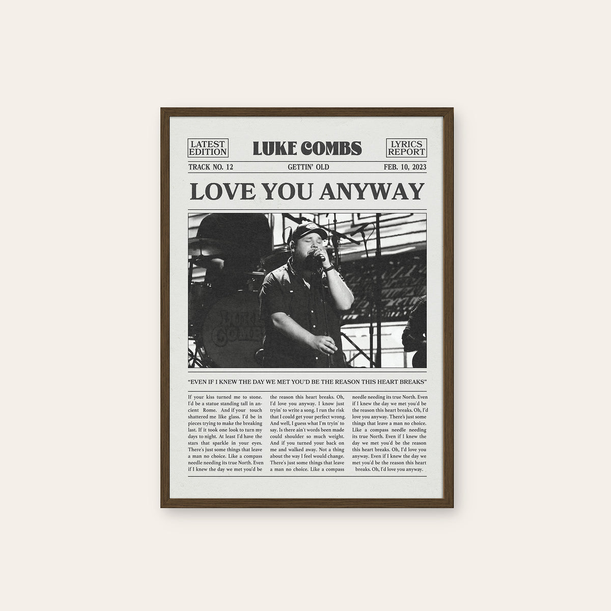 Luke Combs Love You Anyway newspaper poster — dark wood frame