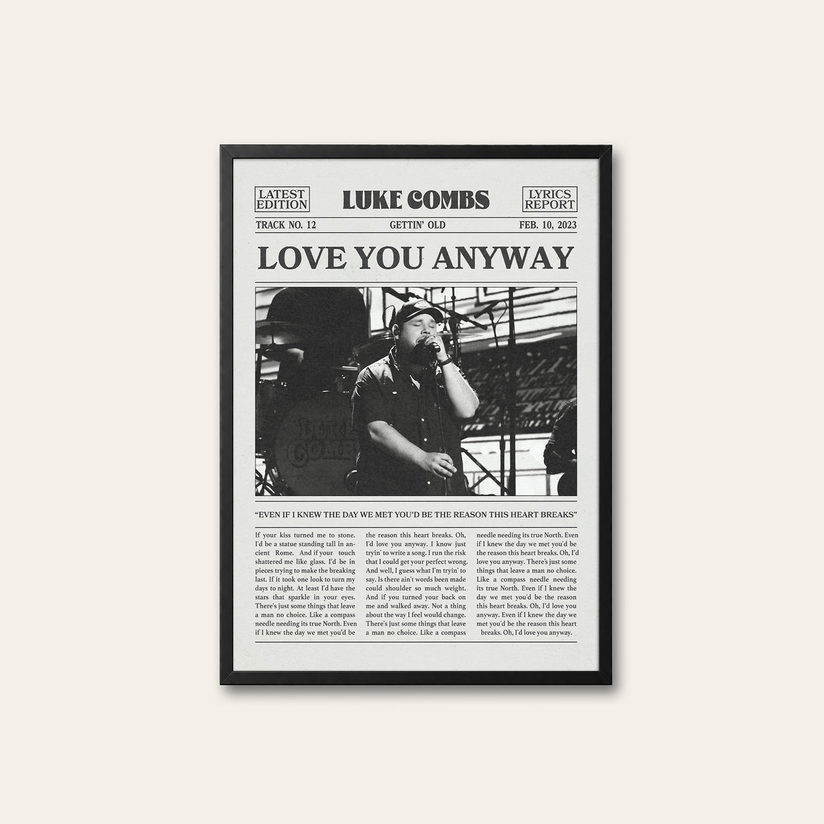 Luke Combs Love You Anyway newspaper poster — black frame