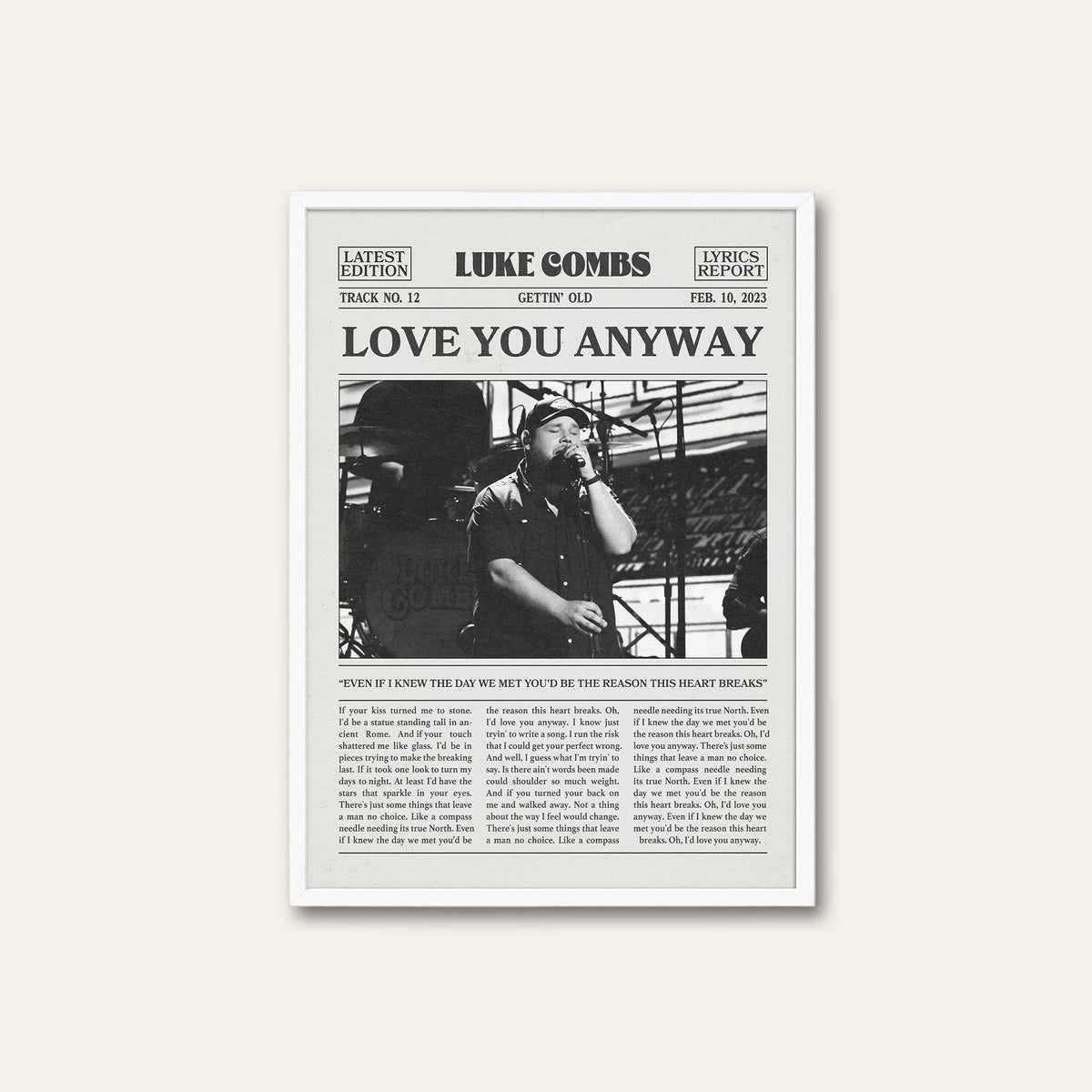Luke Combs Love You Anyway newspaper poster — white frame