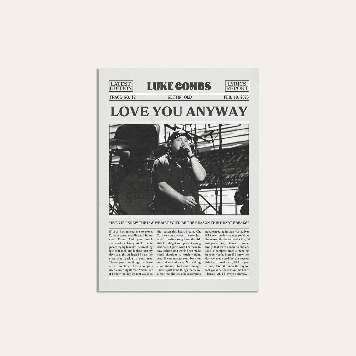 Luke Combs Love You Anyway newspaper poster — unframed print