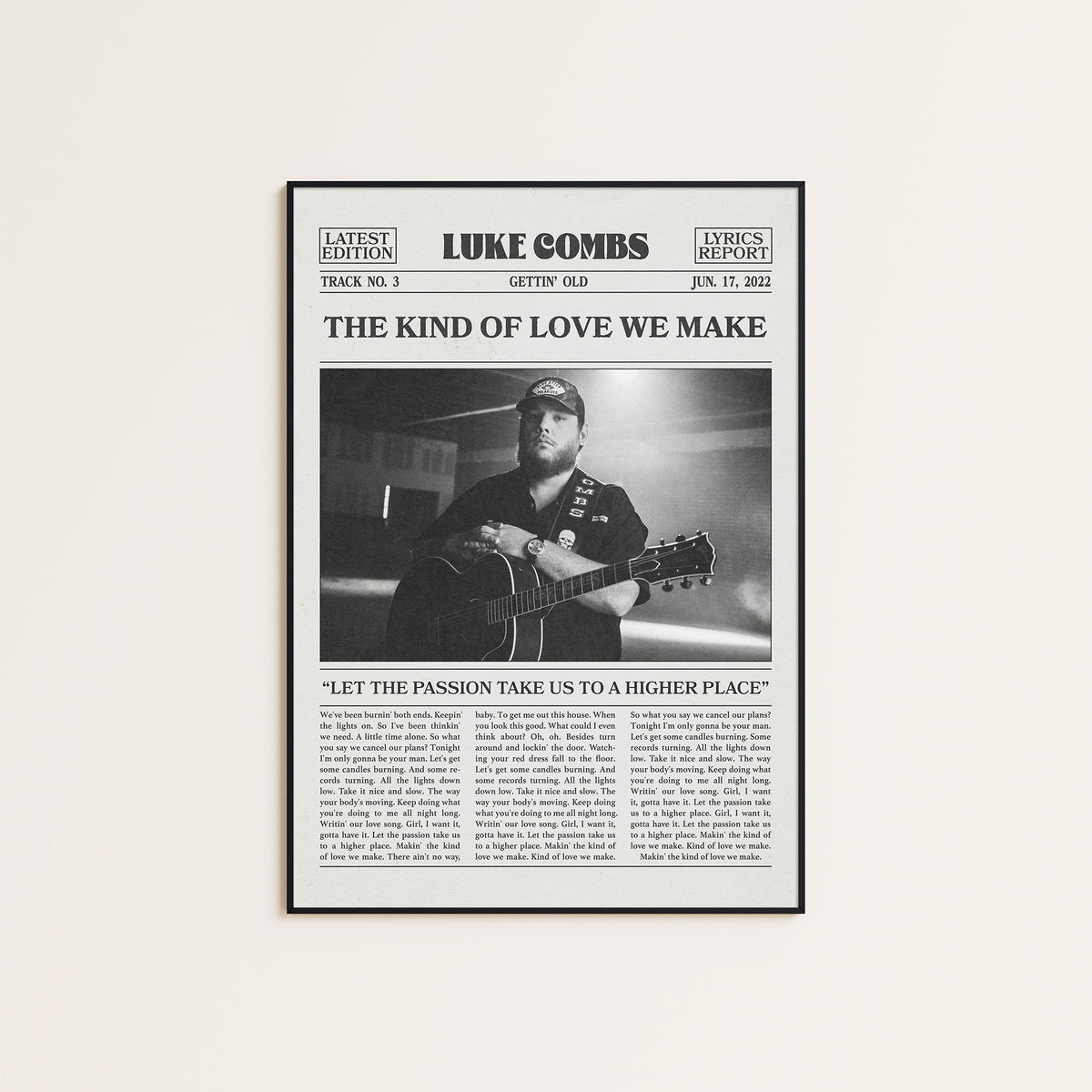 Luke Combs The Kind of Love We Make newspaper poster — black frame display