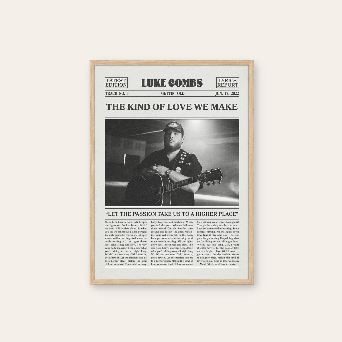 Luke Combs The Kind of Love We Make newspaper poster — natural wood frame