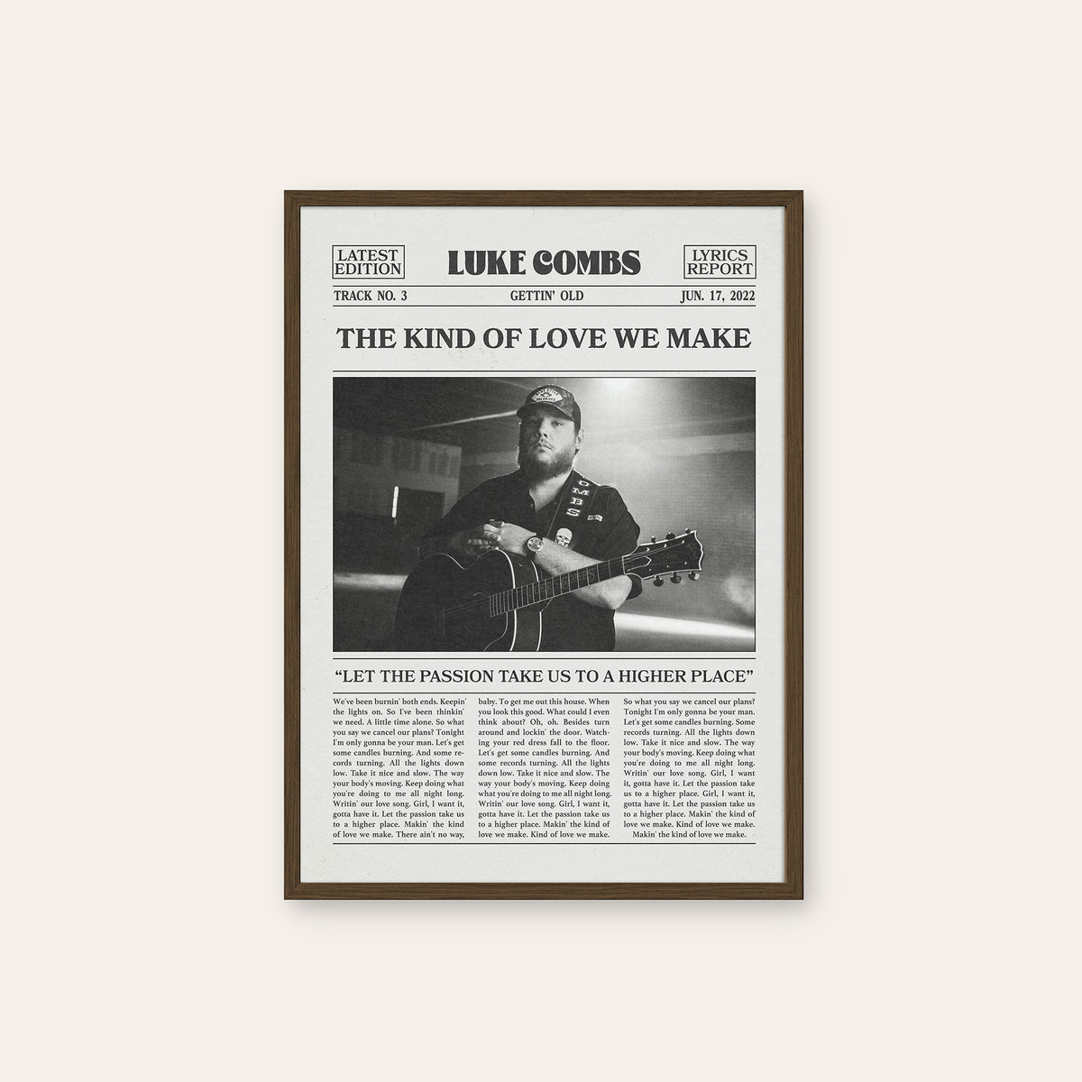 Luke Combs The Kind of Love We Make newspaper poster — dark wood frame
