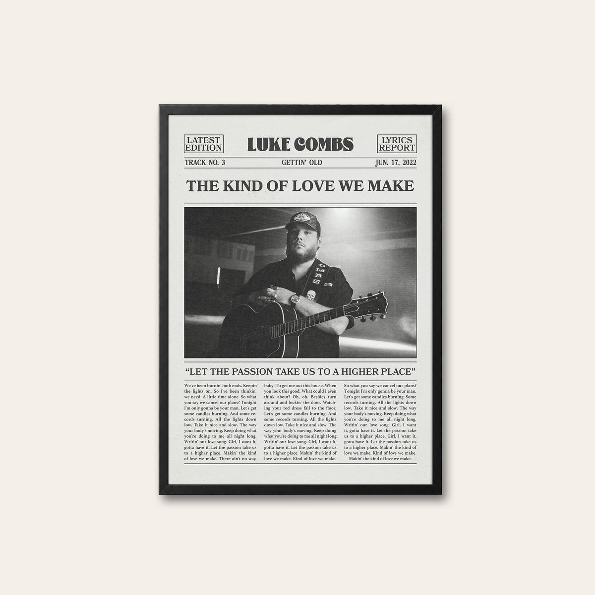 Luke Combs The Kind of Love We Make newspaper poster — black frame