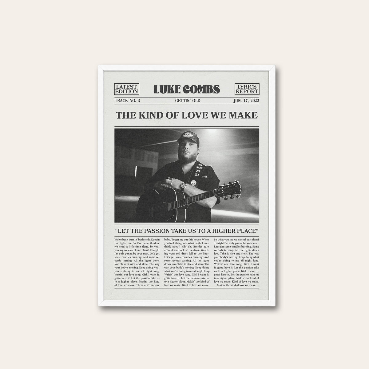 Luke Combs The Kind of Love We Make newspaper poster — white frame