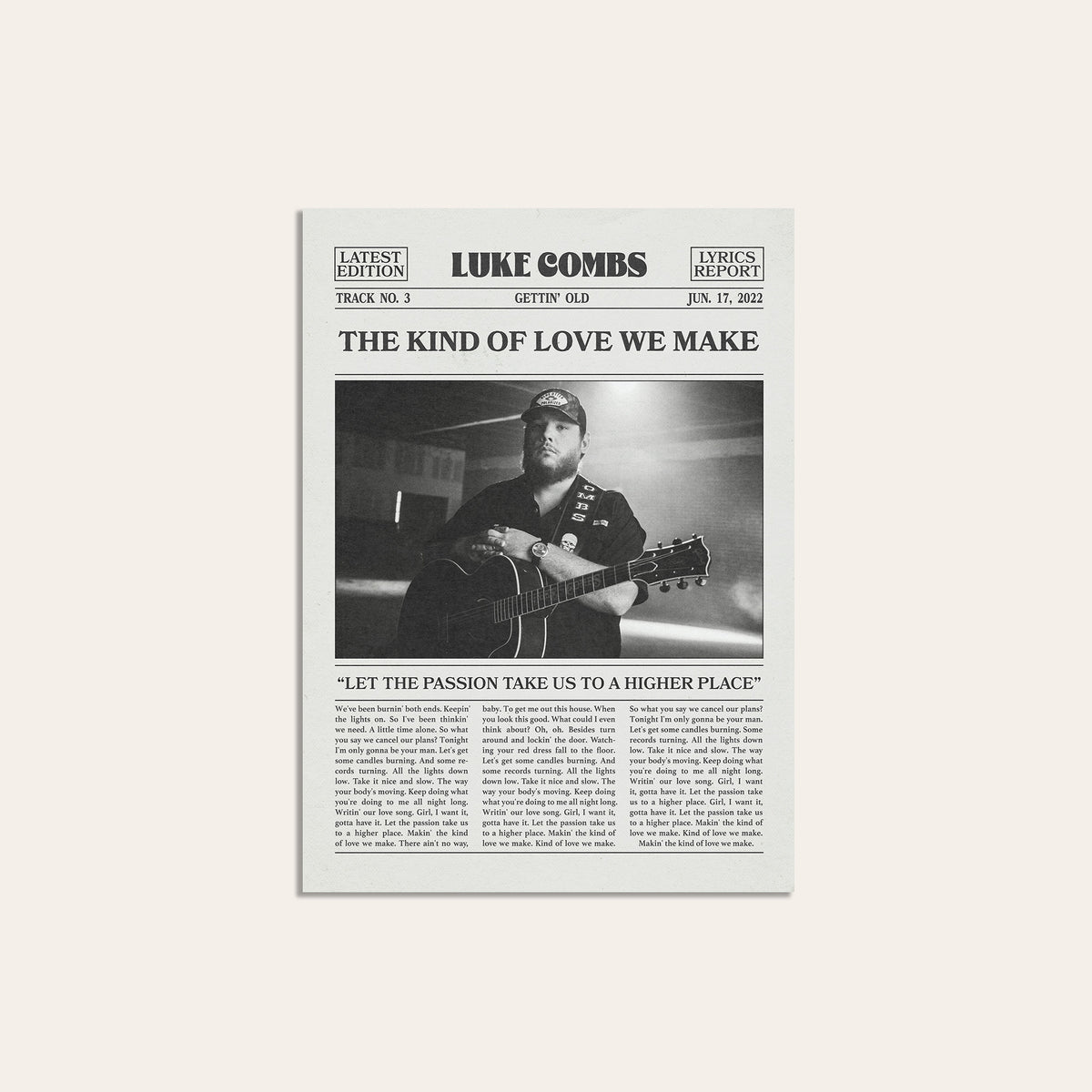Luke Combs The Kind of Love We Make newspaper poster — unframed print