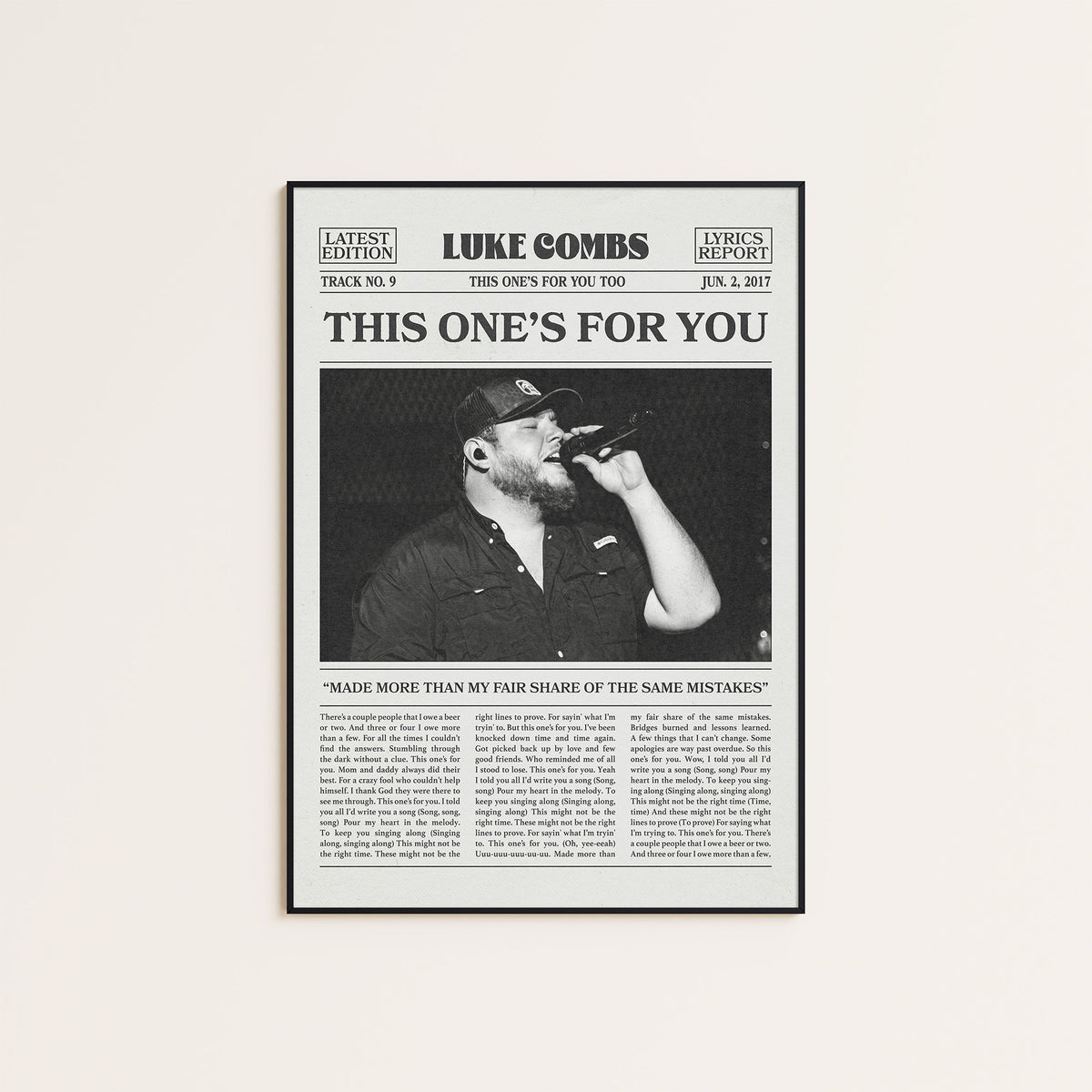 Luke Combs This One's for You newspaper poster, Stage — black frame display