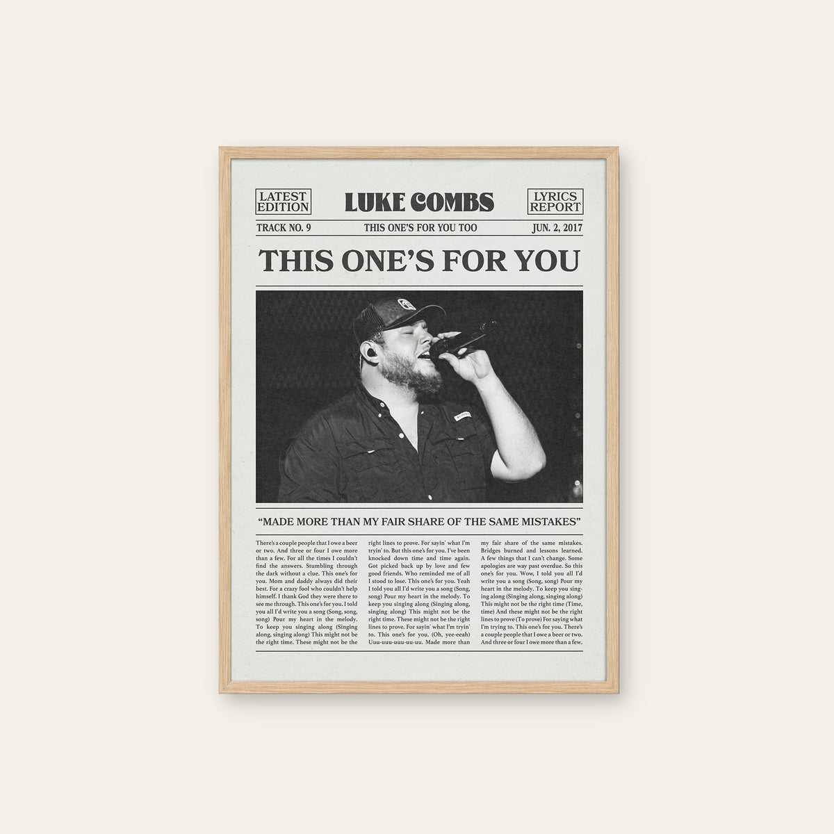 Luke Combs This One's for You newspaper poster, Stage — natural wood frame