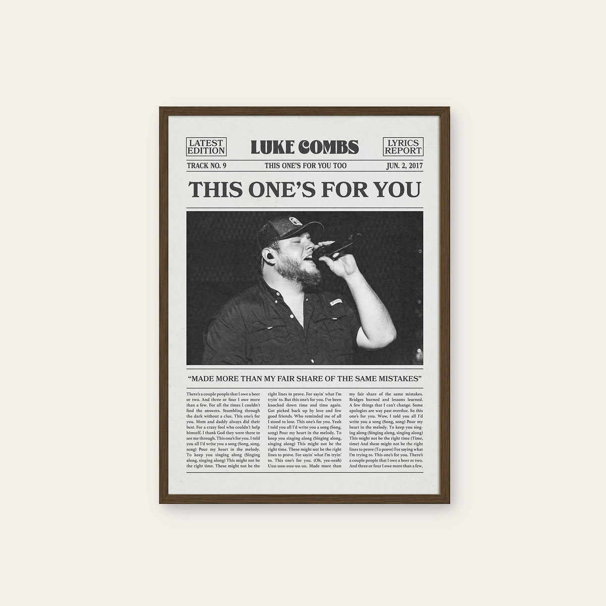 Luke Combs This One's for You newspaper poster, Stage — dark wood frame