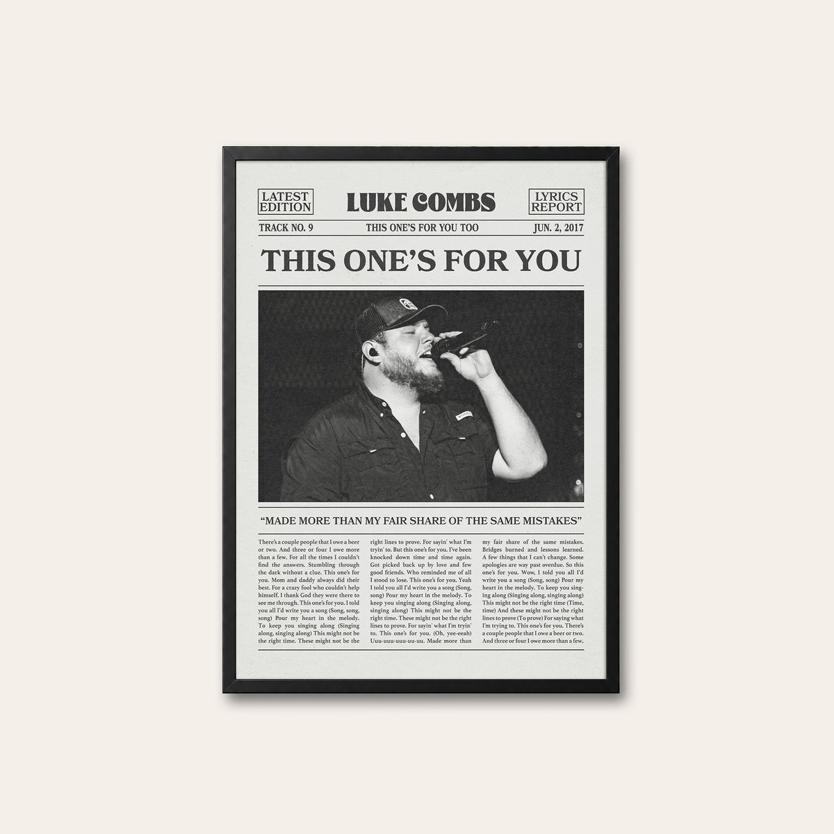 Luke Combs This One's for You newspaper poster, Stage — black frame