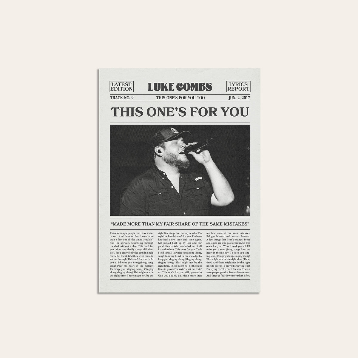 Luke Combs This One's for You newspaper poster, Stage — unframed print