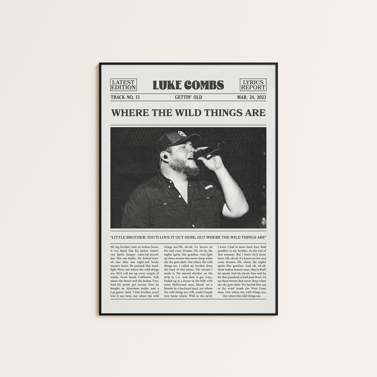 Luke Combs Where the Wild Things Are newspaper poster — black frame display