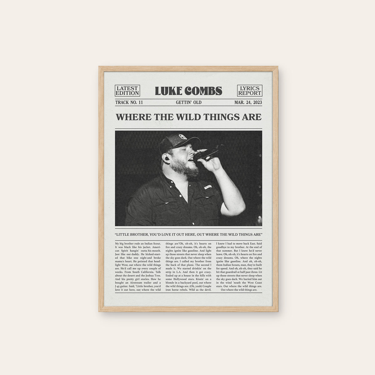 Luke Combs Where the Wild Things Are newspaper poster — natural wood frame