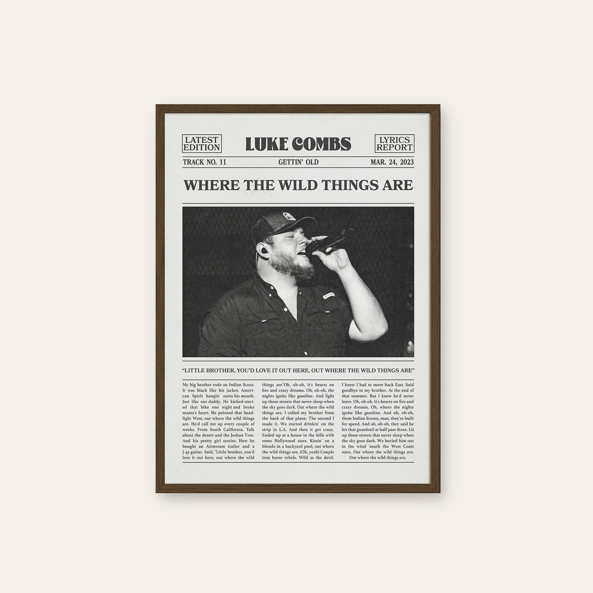 Luke Combs Where the Wild Things Are newspaper poster — dark wood frame