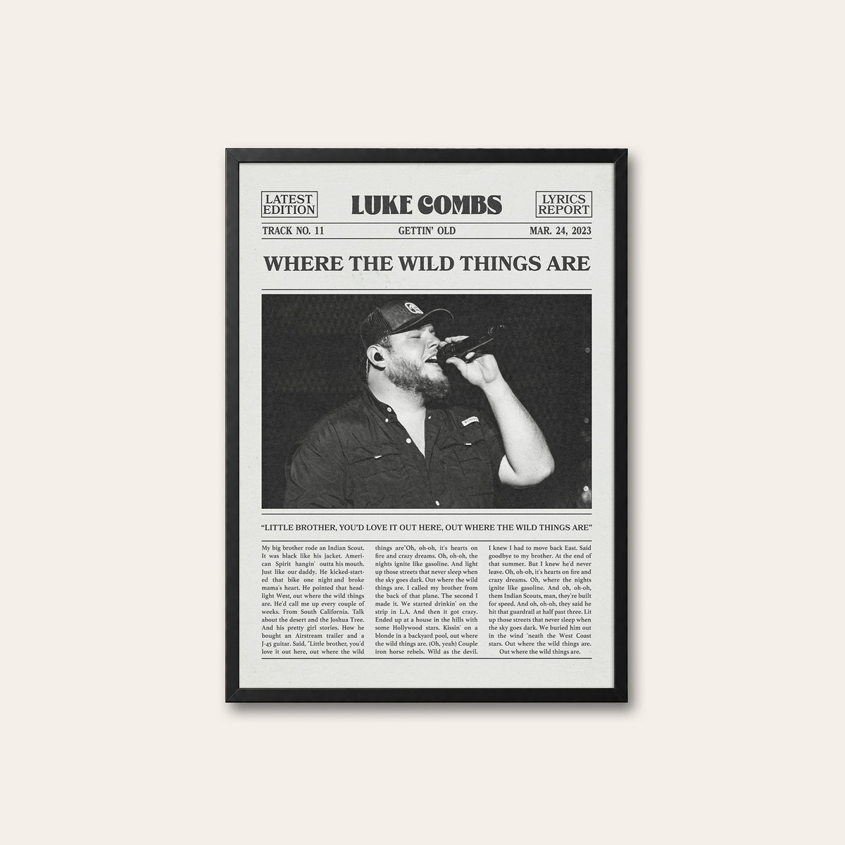 Luke Combs Where the Wild Things Are newspaper poster — black frame