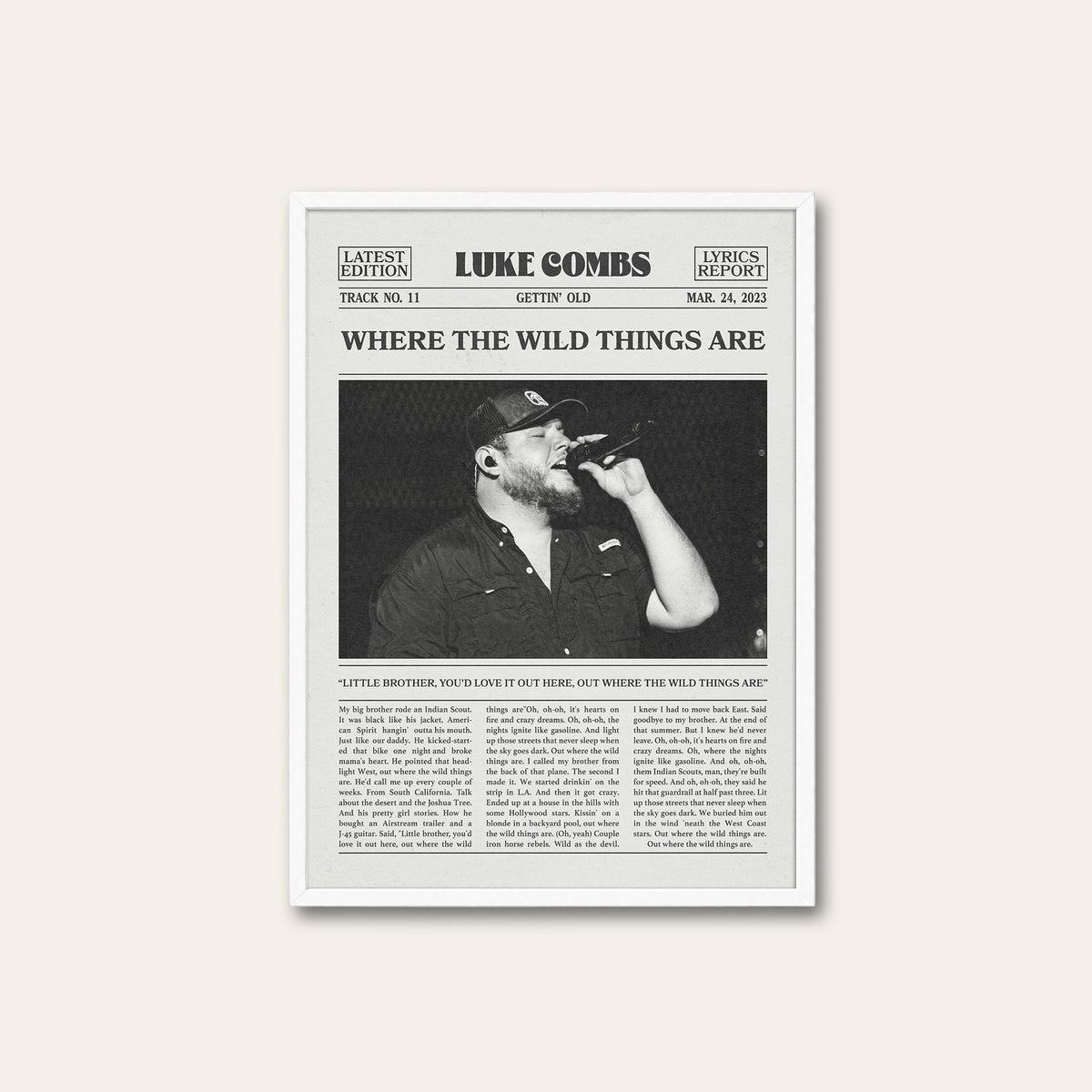 Luke Combs Where the Wild Things Are newspaper poster — white frame
