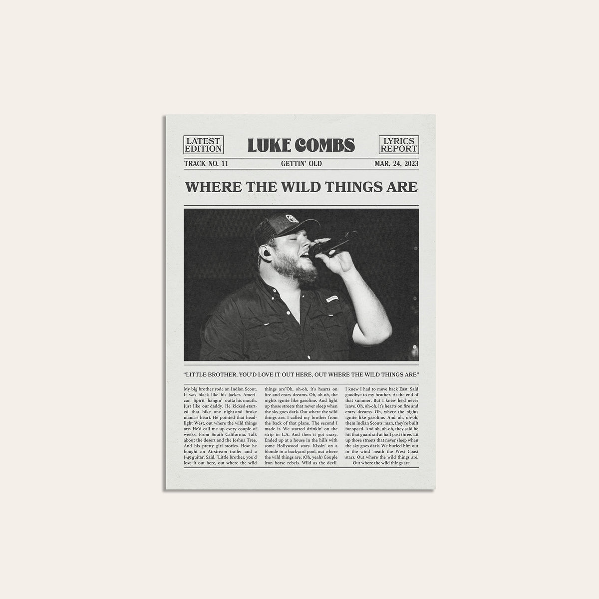 Luke Combs Where the Wild Things Are newspaper poster — unframed print